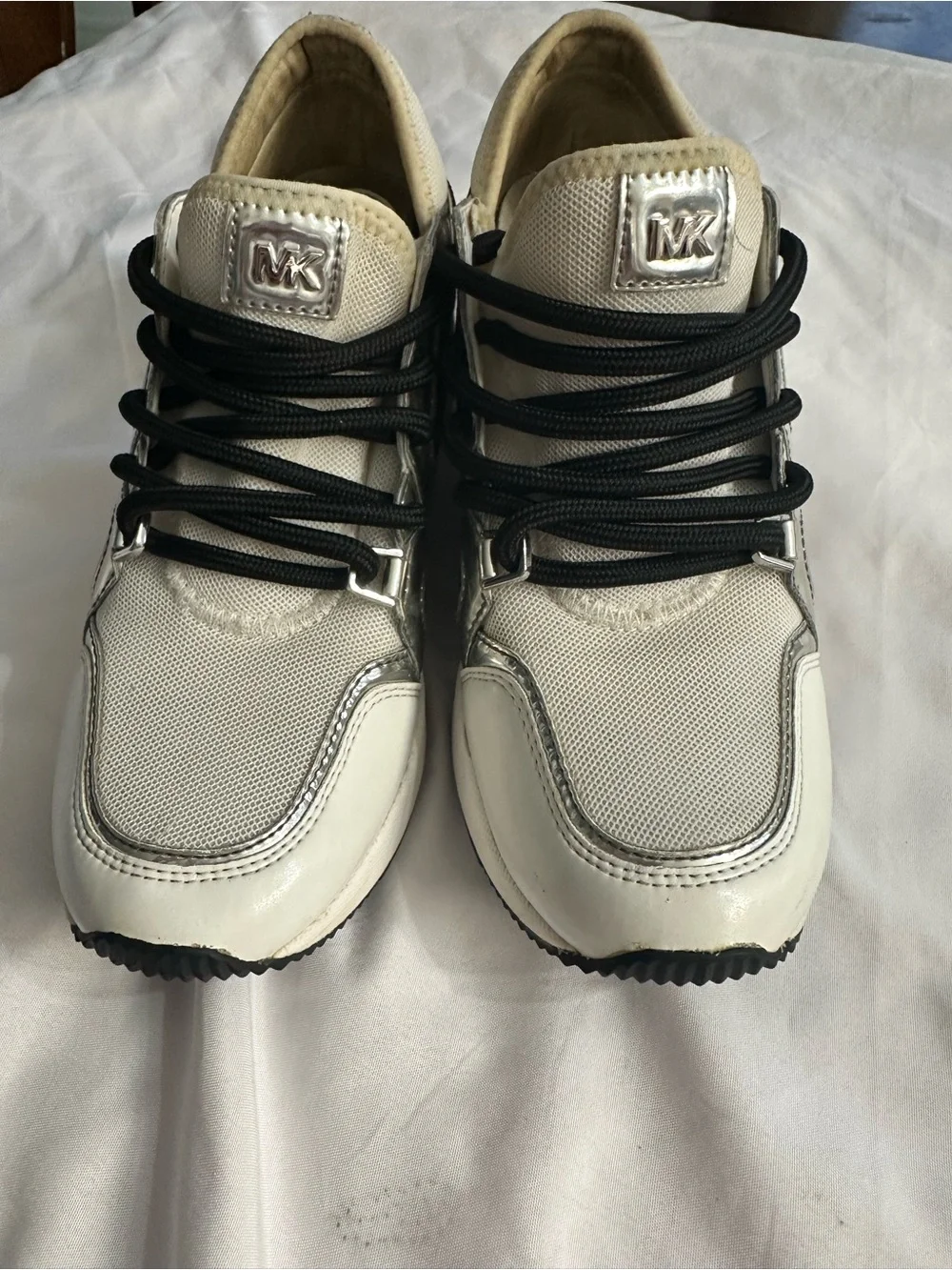 Michael Kors Cream & Silver Logo Lace-Up Sneakers with Black Laces